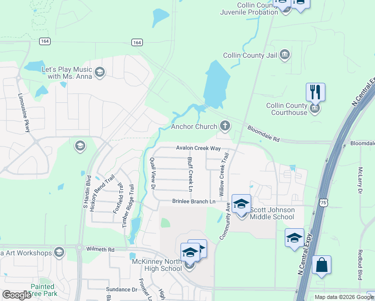 map of restaurants, bars, coffee shops, grocery stores, and more near 2517 Clear Brook Drive in McKinney