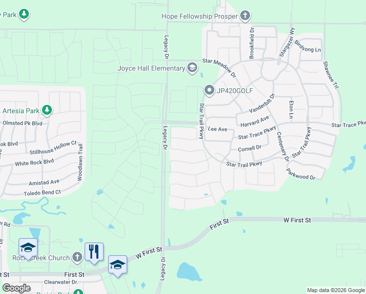 map of restaurants, bars, coffee shops, grocery stores, and more near 2320 Sandalwood Drive in Prosper