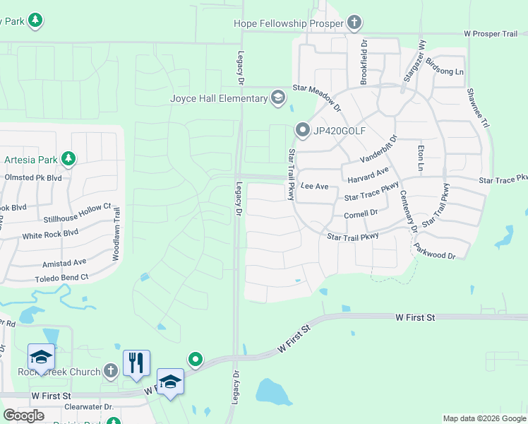 map of restaurants, bars, coffee shops, grocery stores, and more near 2320 Sandalwood Drive in Prosper