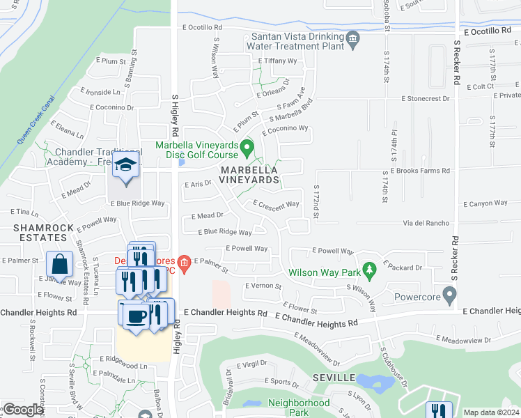 map of restaurants, bars, coffee shops, grocery stores, and more near 3441 East Crescent Way in Gilbert