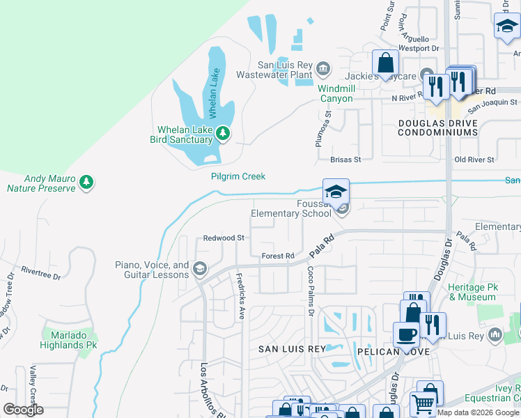 map of restaurants, bars, coffee shops, grocery stores, and more near 3662 Weeping Willow Road in Oceanside
