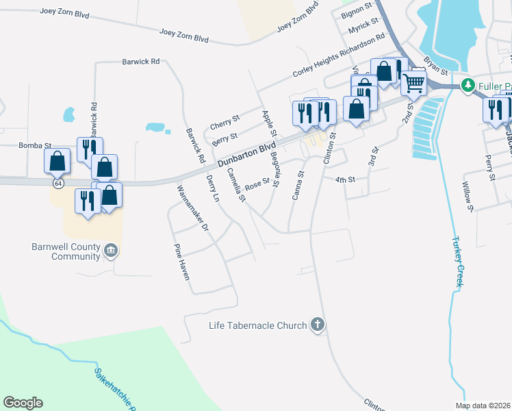 map of restaurants, bars, coffee shops, grocery stores, and more near 180 Camelia Street in Barnwell