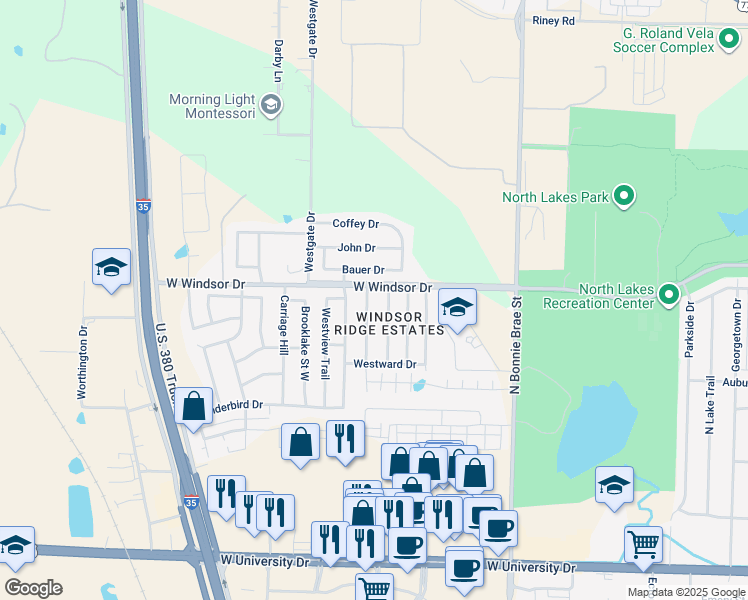 map of restaurants, bars, coffee shops, grocery stores, and more near 2320 Lookout Lane in Denton