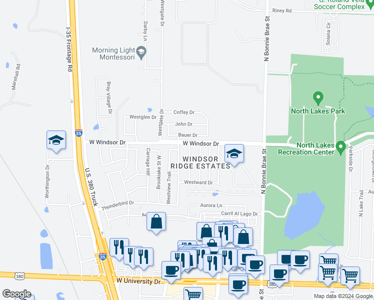 map of restaurants, bars, coffee shops, grocery stores, and more near 2321 Lookout Lane in Denton