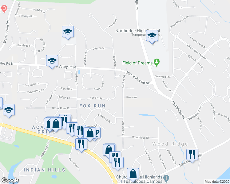 map of restaurants, bars, coffee shops, grocery stores, and more near Riverdale in Tuscaloosa