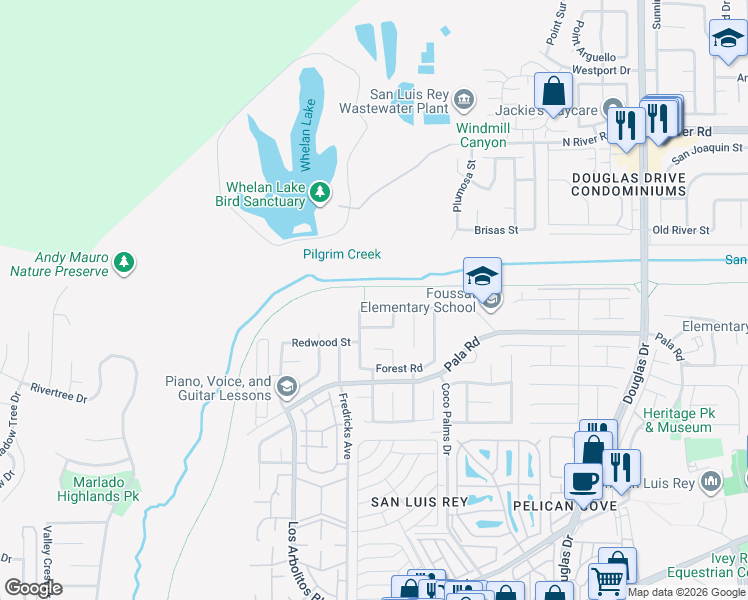 map of restaurants, bars, coffee shops, grocery stores, and more near 3662 Weeping Willow Road in Oceanside