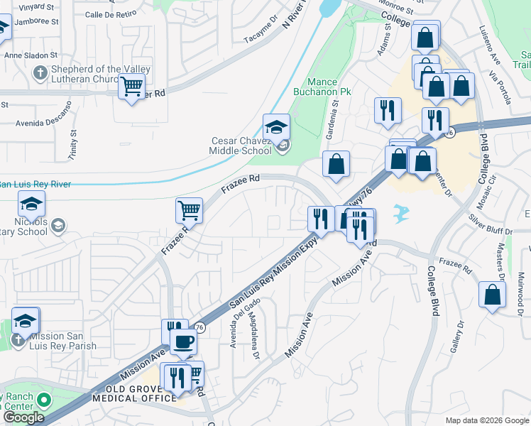 map of restaurants, bars, coffee shops, grocery stores, and more near 4540 Arbor Glen Way in Oceanside