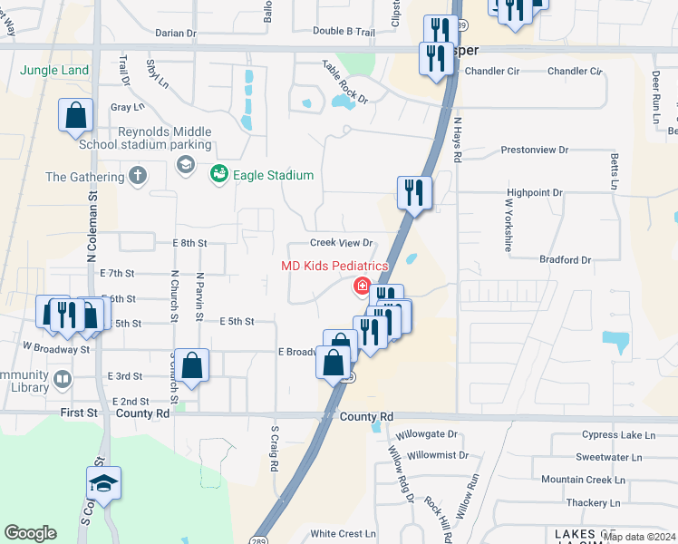 map of restaurants, bars, coffee shops, grocery stores, and more near 106 Oak Glen Court in Prosper