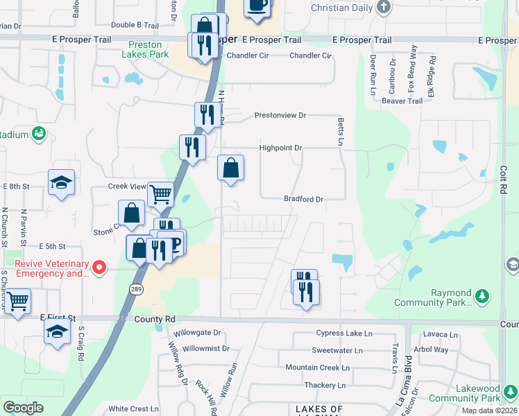map of restaurants, bars, coffee shops, grocery stores, and more near 2111 West Yorkshire in Prosper