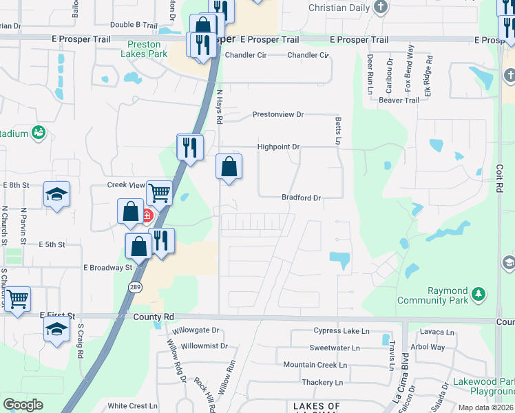 map of restaurants, bars, coffee shops, grocery stores, and more near 2111 West Yorkshire in Prosper