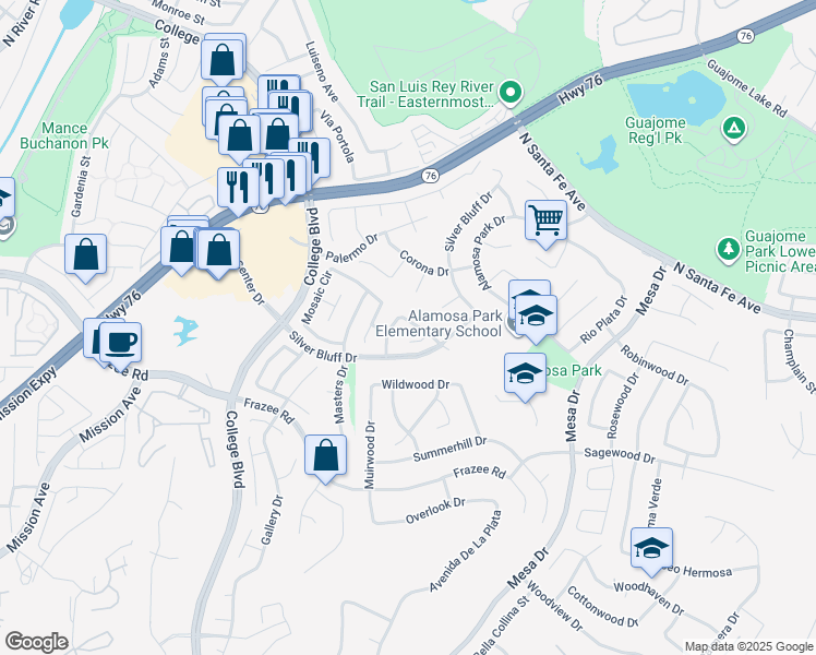map of restaurants, bars, coffee shops, grocery stores, and more near 652 Montage Road in Oceanside