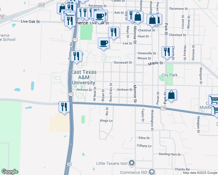 map of restaurants, bars, coffee shops, grocery stores, and more near 1805 Walnut Street in Commerce