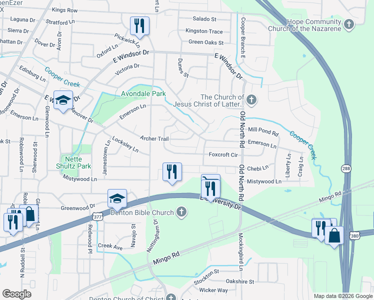 map of restaurants, bars, coffee shops, grocery stores, and more near 2208 Archer Trail in Denton