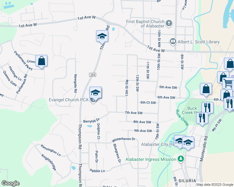 map of restaurants, bars, coffee shops, grocery stores, and more near 1337 5th Avenue Southwest in Alabaster