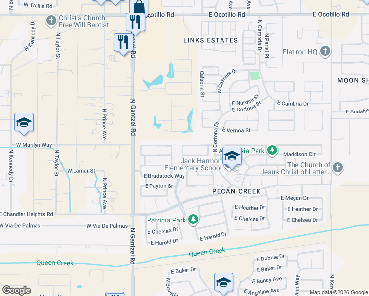 map of restaurants, bars, coffee shops, grocery stores, and more near 562 East Christopher Street in Queen Creek