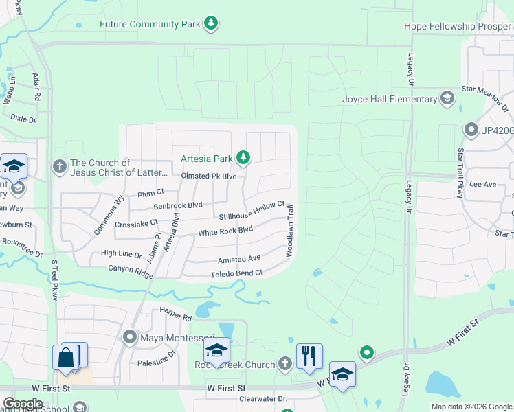 map of restaurants, bars, coffee shops, grocery stores, and more near 16608 Spence Park Lane in Prosper