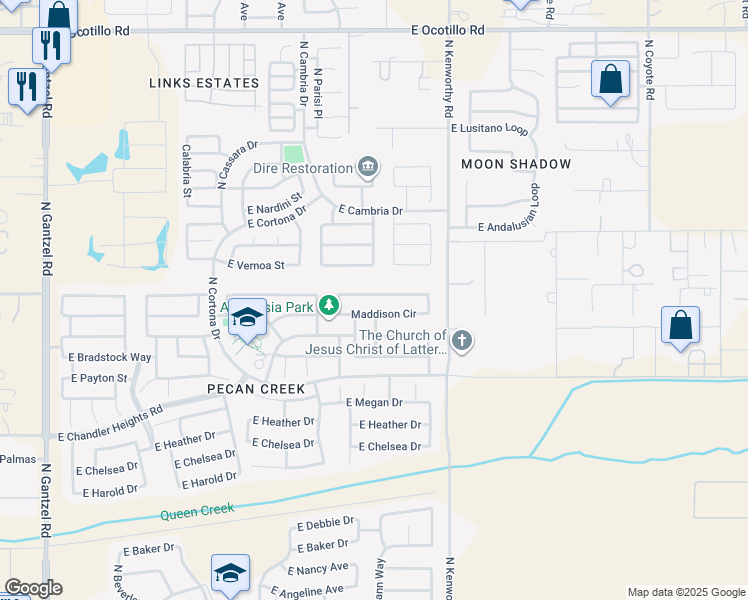 map of restaurants, bars, coffee shops, grocery stores, and more near 1537 East Christopher Street in San Tan Valley