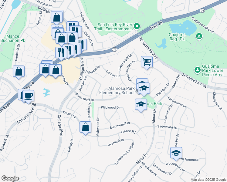 map of restaurants, bars, coffee shops, grocery stores, and more near 665 Montage Road in Oceanside