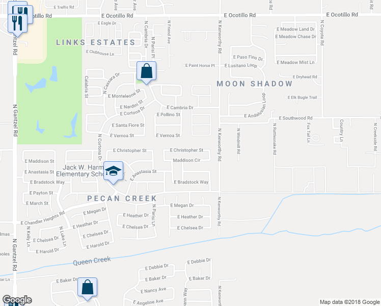 map of restaurants, bars, coffee shops, grocery stores, and more near 1605 East Christopher Street in San Tan Valley