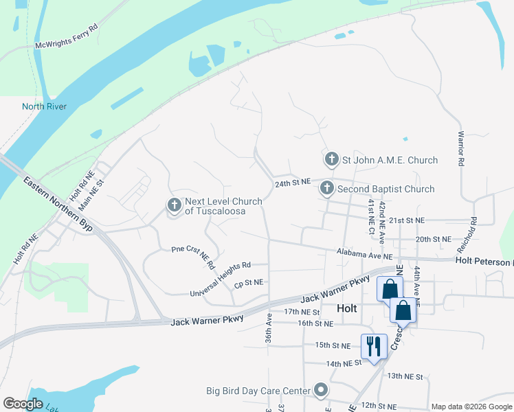 map of restaurants, bars, coffee shops, grocery stores, and more near 3310 Alabama Avenue Northeast in Tuscaloosa