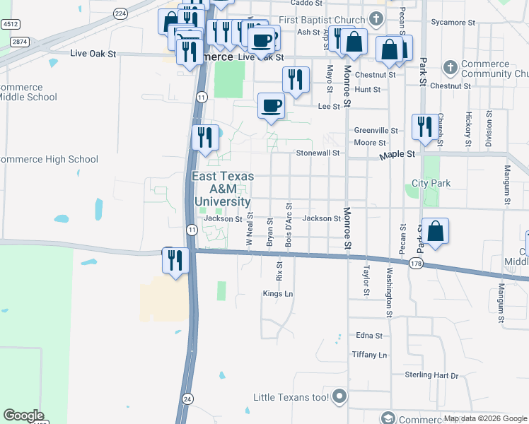 map of restaurants, bars, coffee shops, grocery stores, and more near 2411 Bryan Street in Commerce