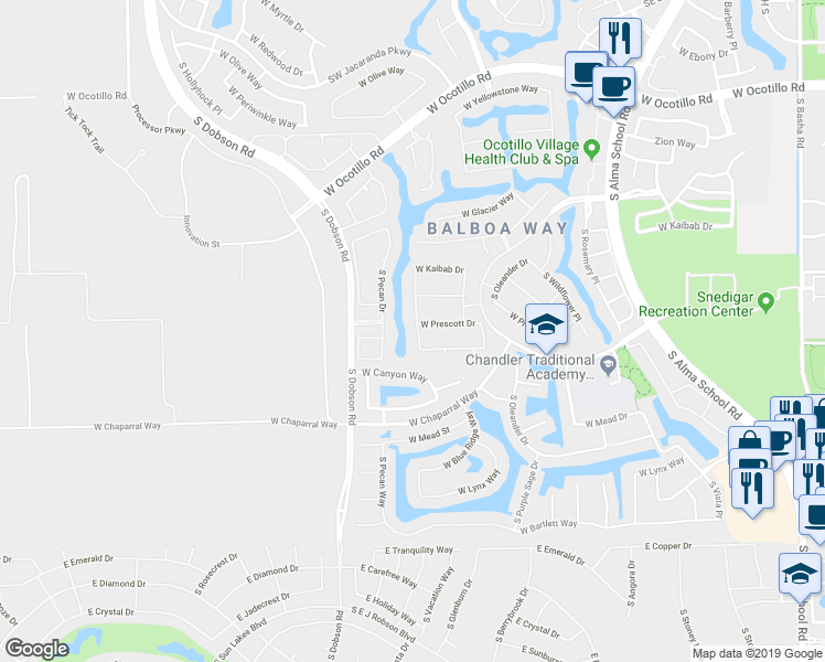 map of restaurants, bars, coffee shops, grocery stores, and more near 4556 South Jojoba Way in Chandler