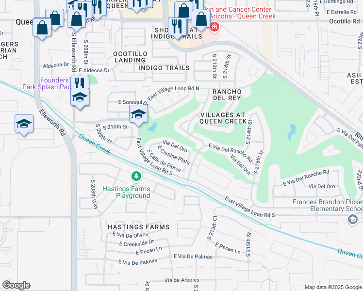 map of restaurants, bars, coffee shops, grocery stores, and more near 21168 East Vía Del Oro in Queen Creek