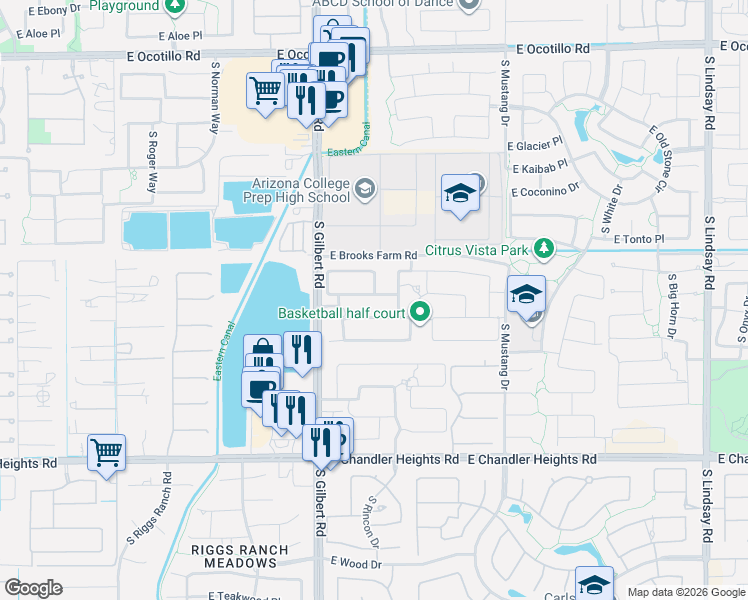 map of restaurants, bars, coffee shops, grocery stores, and more near 3112 East Canyon Way in Chandler
