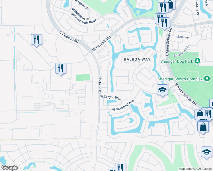 map of restaurants, bars, coffee shops, grocery stores, and more near 4491 South Pecan Drive in Chandler