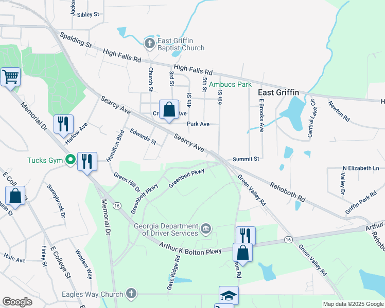 map of restaurants, bars, coffee shops, grocery stores, and more near 724 Searcy Avenue in Griffin