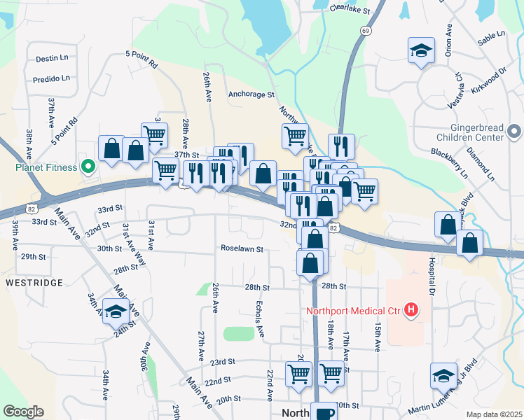 map of restaurants, bars, coffee shops, grocery stores, and more near 2397-2595 McFarland Boulevard in Northport