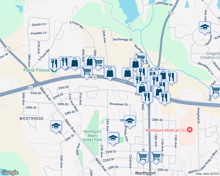 map of restaurants, bars, coffee shops, grocery stores, and more near 2501 McFarland Boulevard in Northport