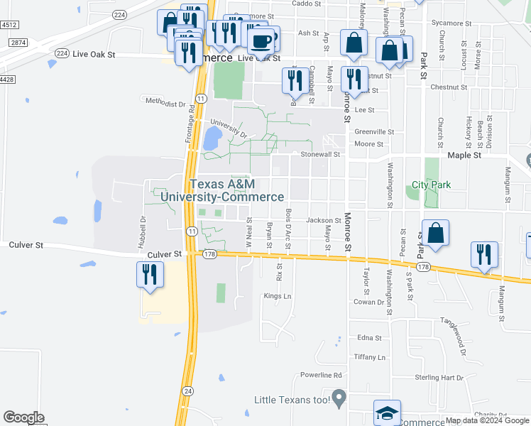 map of restaurants, bars, coffee shops, grocery stores, and more near 1919 Walnut Street in Commerce
