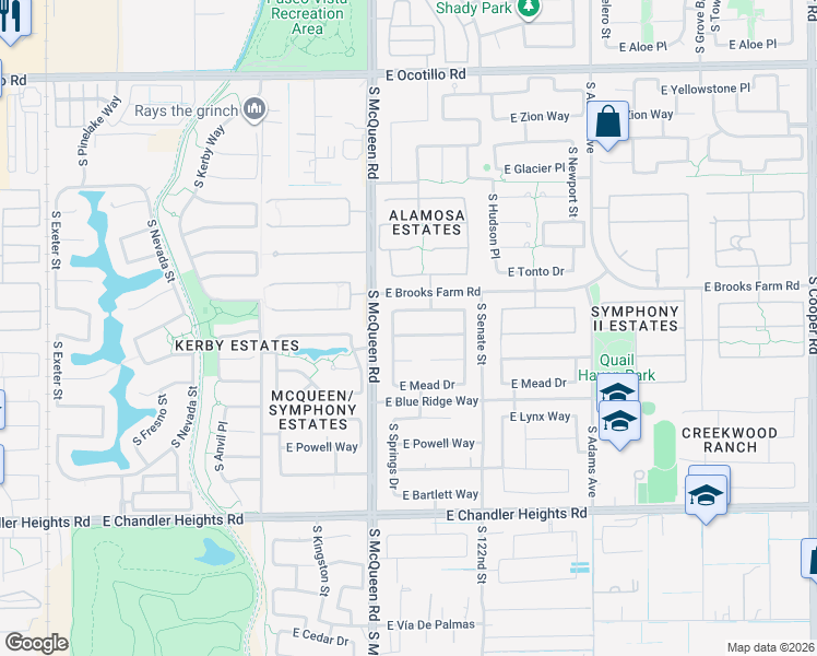 map of restaurants, bars, coffee shops, grocery stores, and more near 1101 East Horseshoe Drive in Chandler