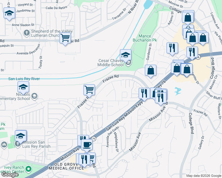 map of restaurants, bars, coffee shops, grocery stores, and more near 4636 Doral Court in Oceanside
