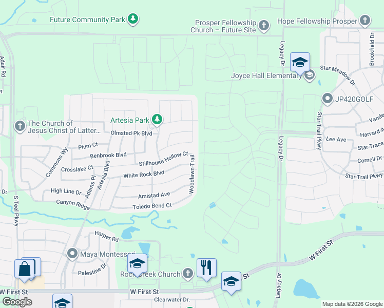 map of restaurants, bars, coffee shops, grocery stores, and more near 16716 Spence Park Lane in Prosper