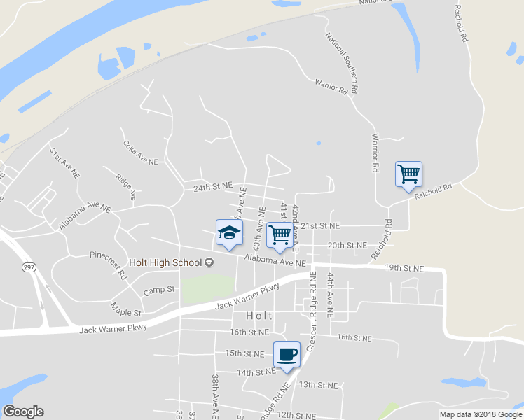 map of restaurants, bars, coffee shops, grocery stores, and more near 2199 40th Avenue Northeast in Tuscaloosa