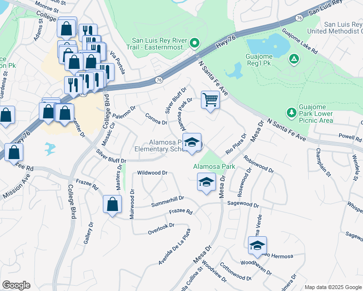 map of restaurants, bars, coffee shops, grocery stores, and more near 5163 Silver Bluff Drive in Oceanside