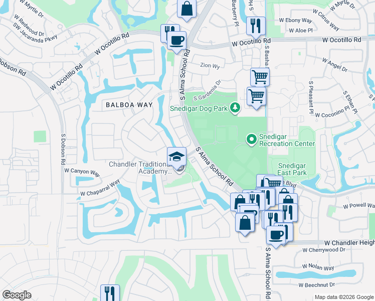 map of restaurants, bars, coffee shops, grocery stores, and more near 1158 West Tonto Place in Chandler