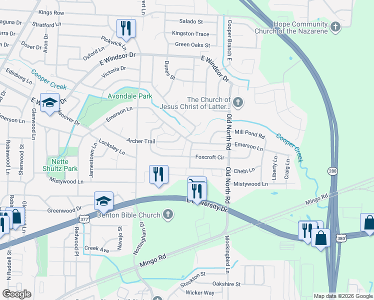 map of restaurants, bars, coffee shops, grocery stores, and more near 2723 Northcrest Road in Denton