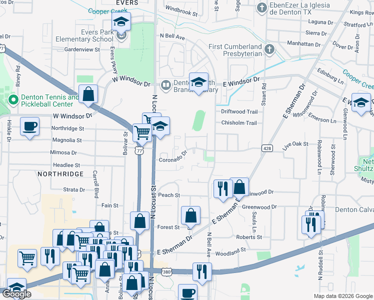 map of restaurants, bars, coffee shops, grocery stores, and more near 269 Coronado Drive in Denton