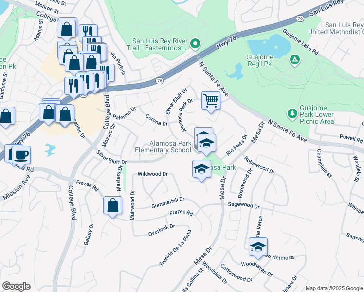 map of restaurants, bars, coffee shops, grocery stores, and more near 5163 Silver Bluff Drive in Oceanside
