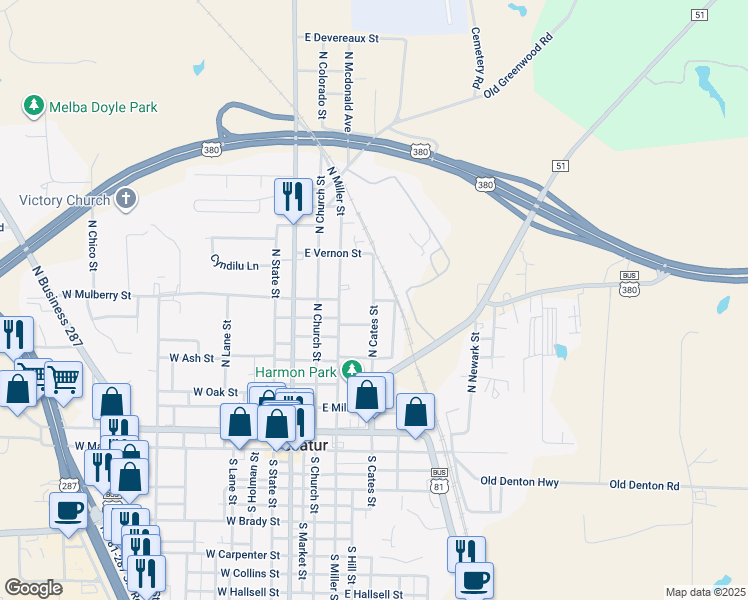 map of restaurants, bars, coffee shops, grocery stores, and more near 407 East Mulberry Street in Decatur