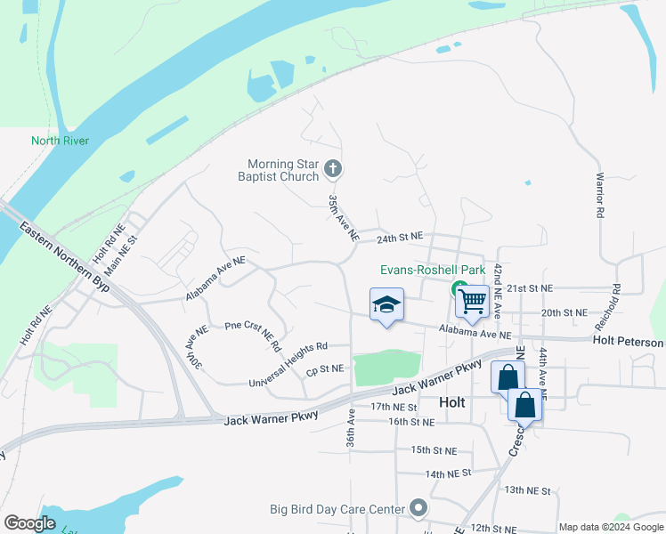 map of restaurants, bars, coffee shops, grocery stores, and more near 3311 Alabama Avenue Northeast in Tuscaloosa