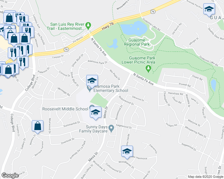 map of restaurants, bars, coffee shops, grocery stores, and more near 5351 Rio Plata Drive in Oceanside