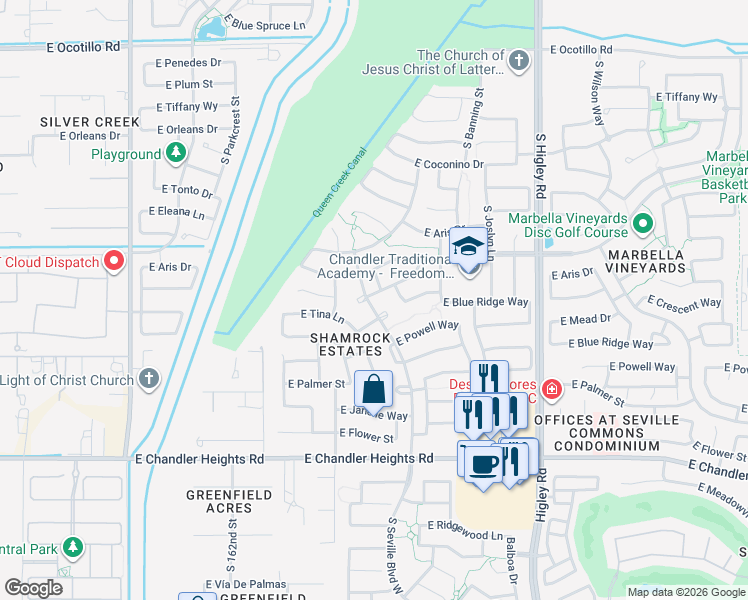 map of restaurants, bars, coffee shops, grocery stores, and more near 2865 Mead Drive in Gilbert