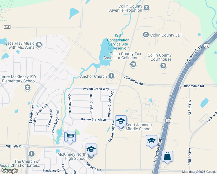map of restaurants, bars, coffee shops, grocery stores, and more near 2320 Avalon Creek Way in McKinney