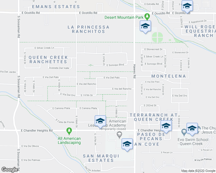 map of restaurants, bars, coffee shops, grocery stores, and more near 19822 East Via del Rancho in Queen Creek