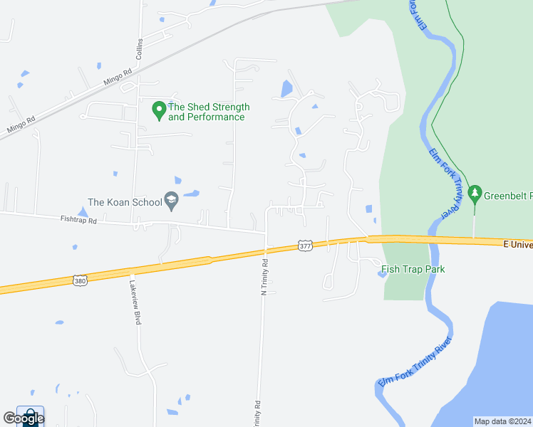 map of restaurants, bars, coffee shops, grocery stores, and more near 404 North Trinity Road in Denton