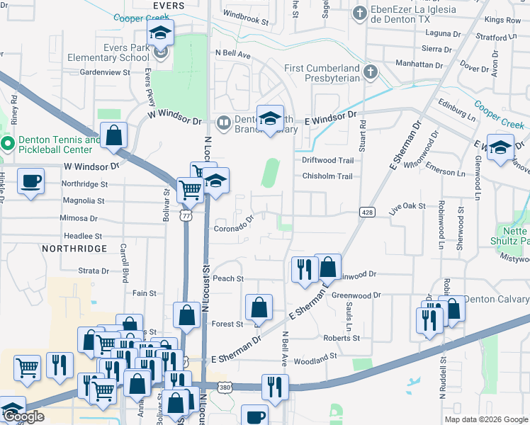 map of restaurants, bars, coffee shops, grocery stores, and more near 308 Coronado Drive in Denton